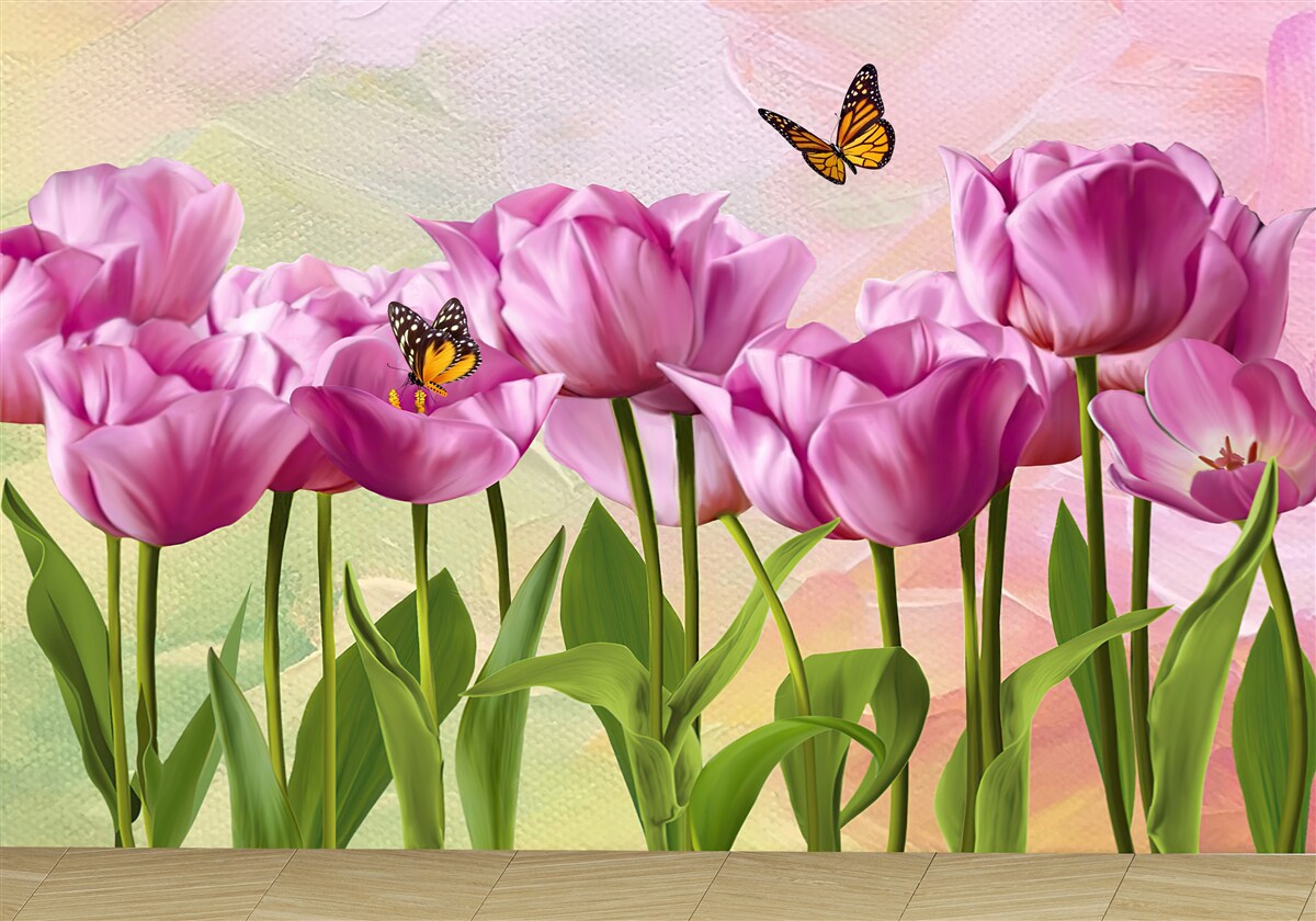 Carta da parati farfalle e tulipani viola nel campo