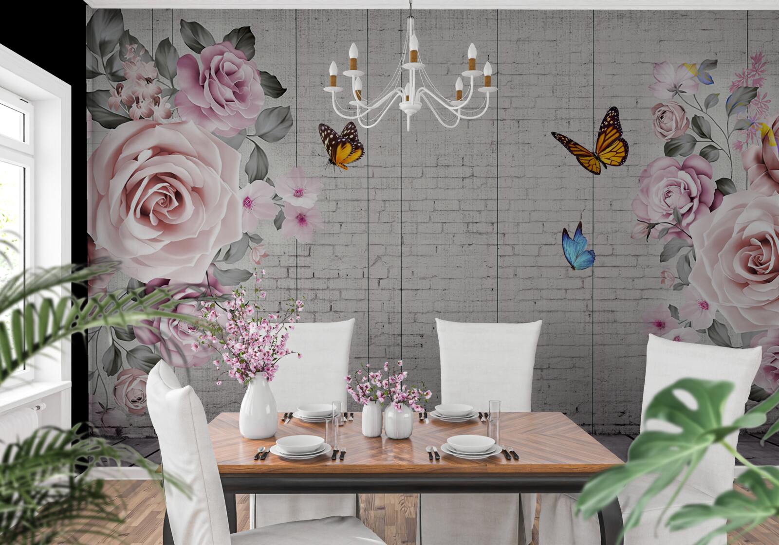 Carta da parati farfalle multicolori e rose delicatamente fiorite