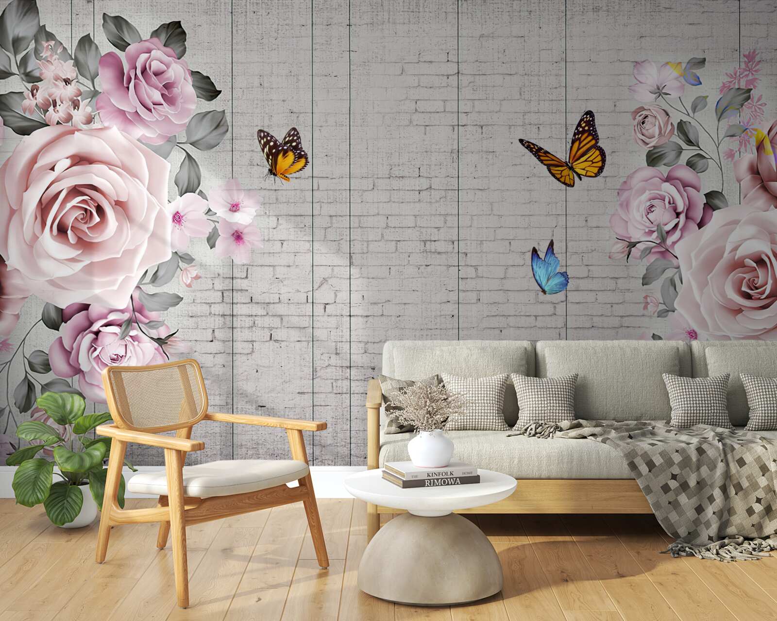 Carta da parati farfalle multicolori e rose delicatamente fiorite