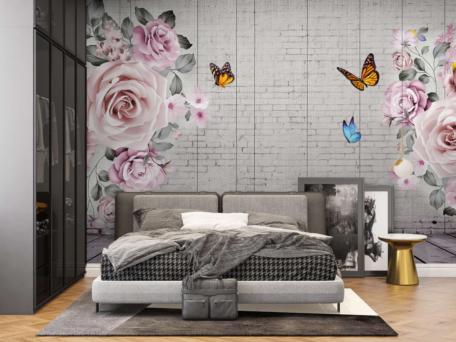 Carta da parati farfalle multicolori e rose delicatamente fiorite