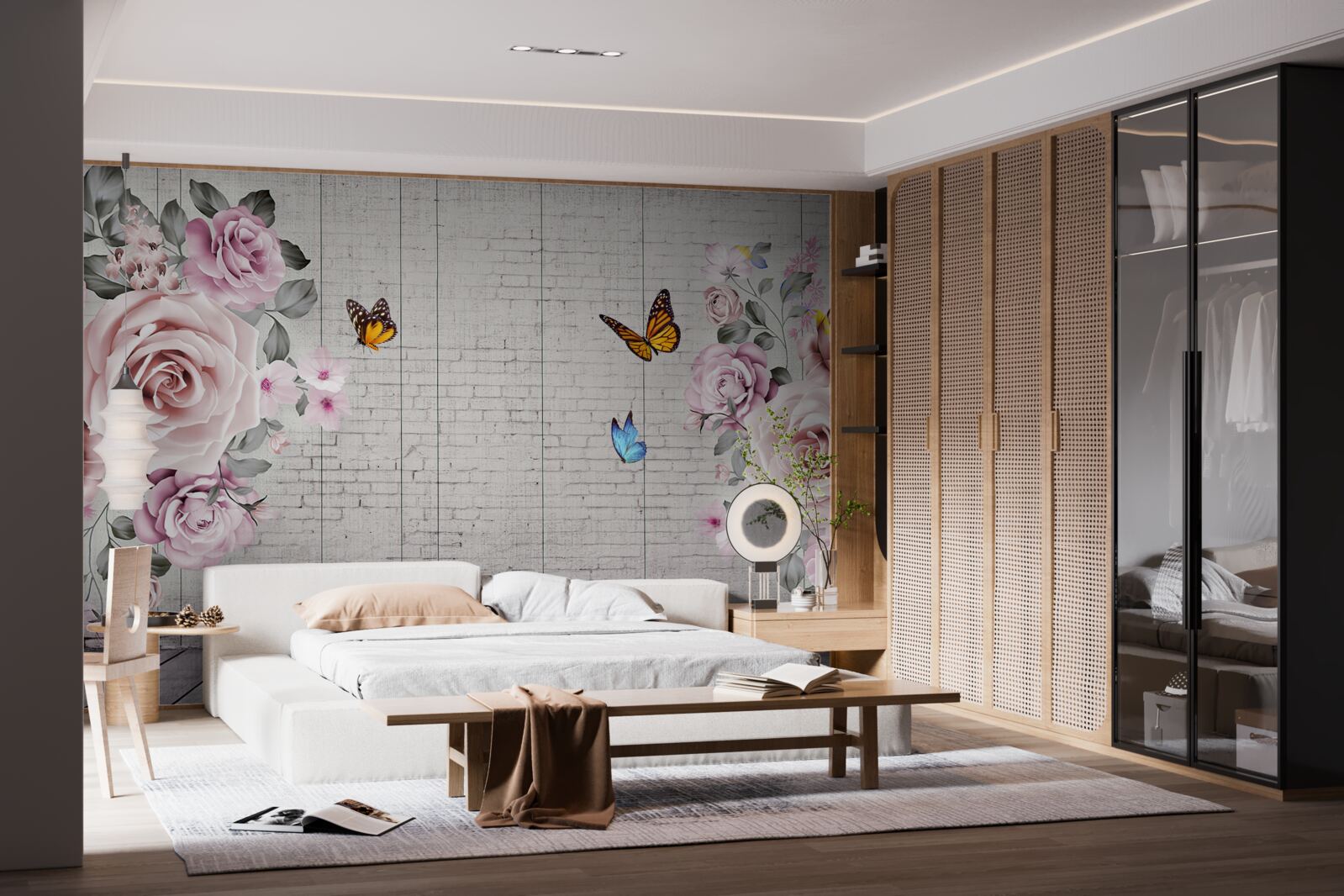 Carta da parati farfalle multicolori e rose delicatamente fiorite