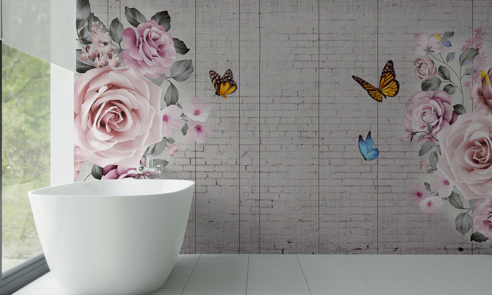 Carta da parati farfalle multicolori e rose delicatamente fiorite