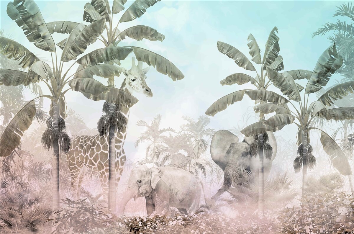 Carta da parati grandi palme con foglie larghe e vari animali