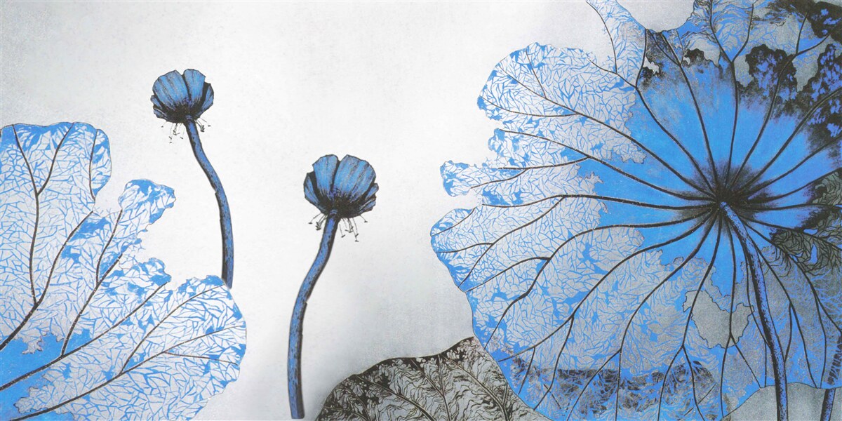 Carta da parati papaveri nebbiosi con boccioli blu