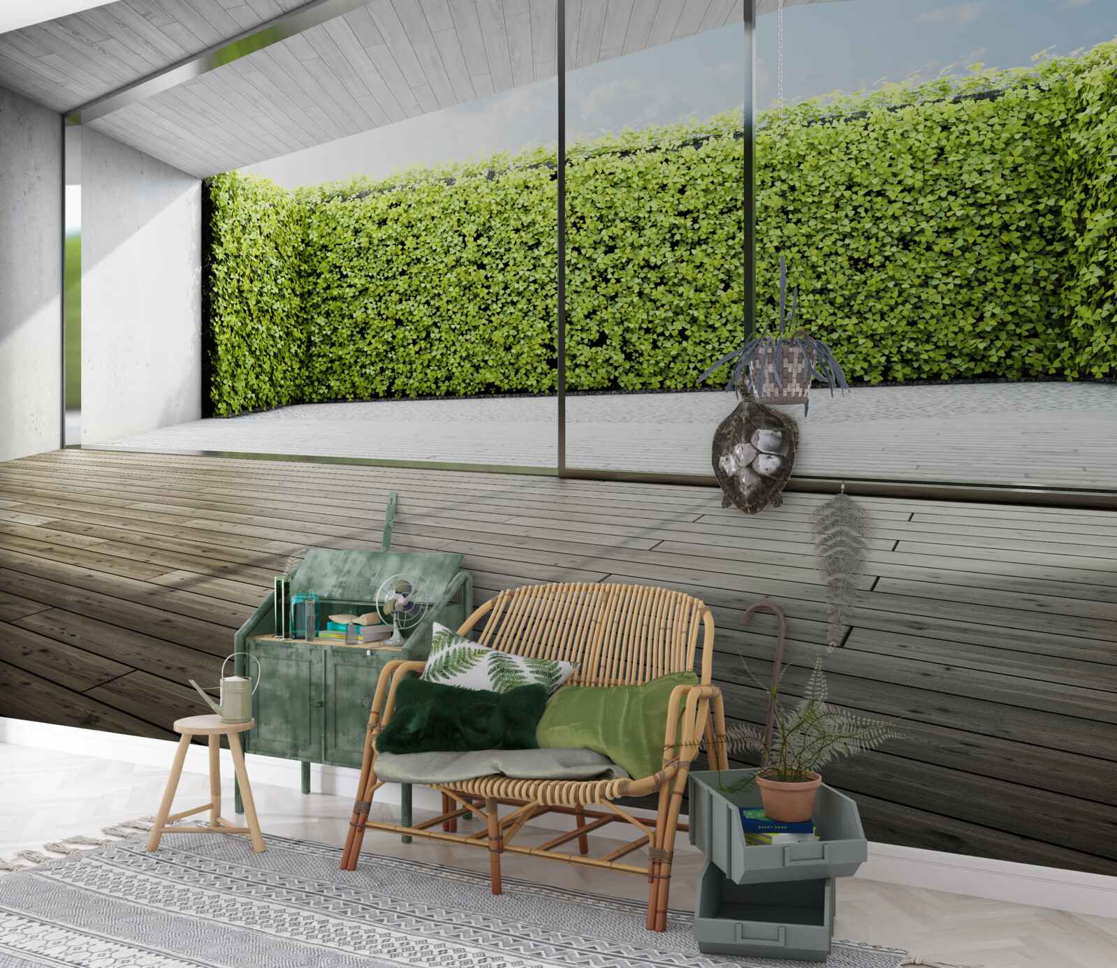Carta da parati balcone con pareti trasparenti che si affaccia sul giardino
