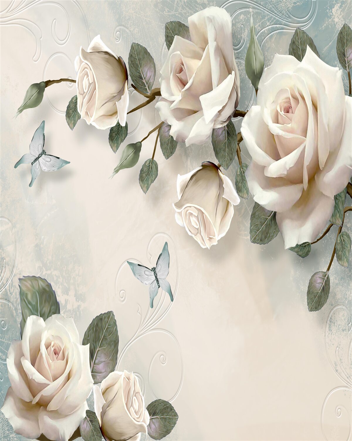 Carta da parati rami di un grande cespuglio di rose color crema