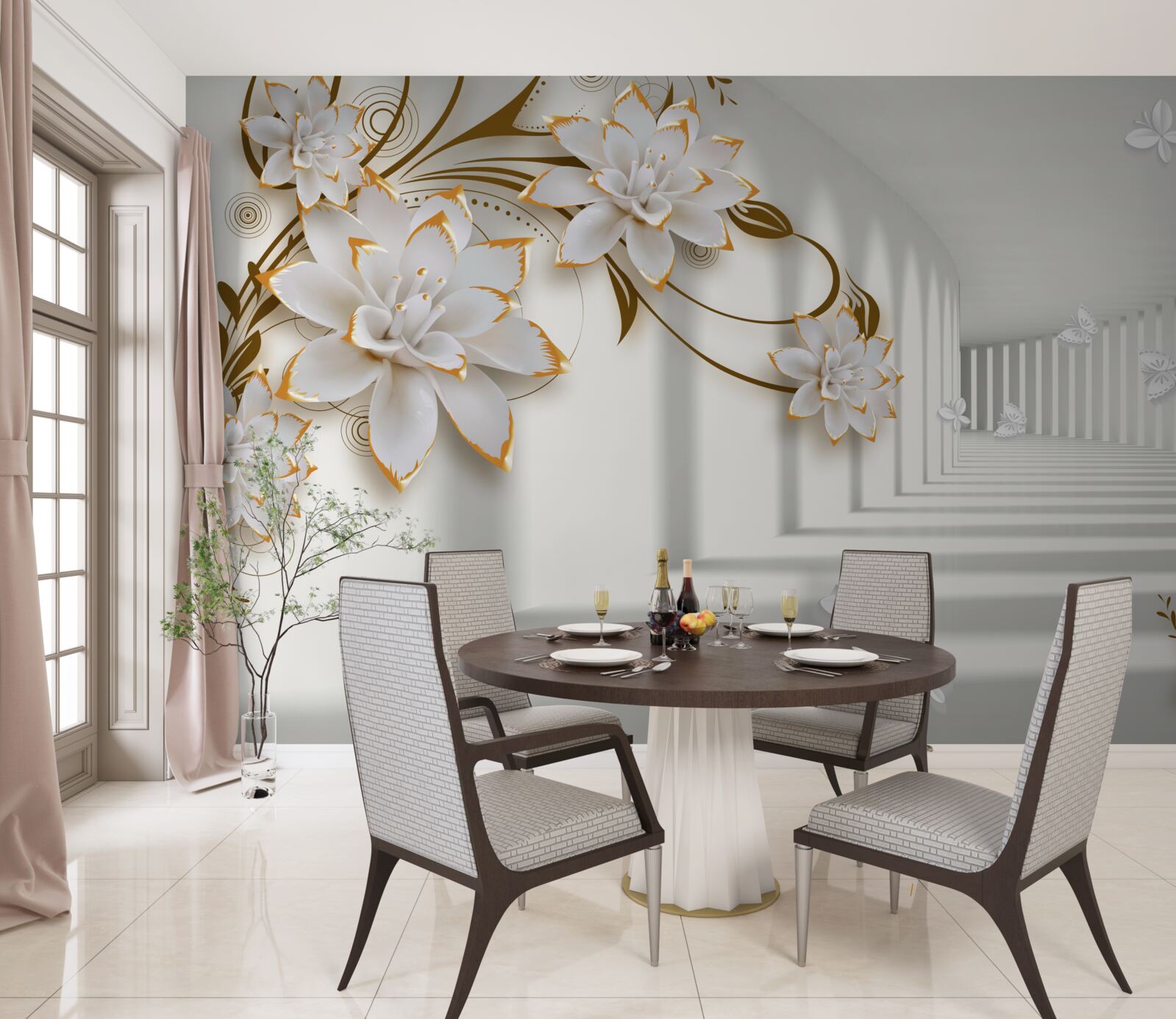 Carta da parati loti bianchi su sfondo astratto, decorati in oro