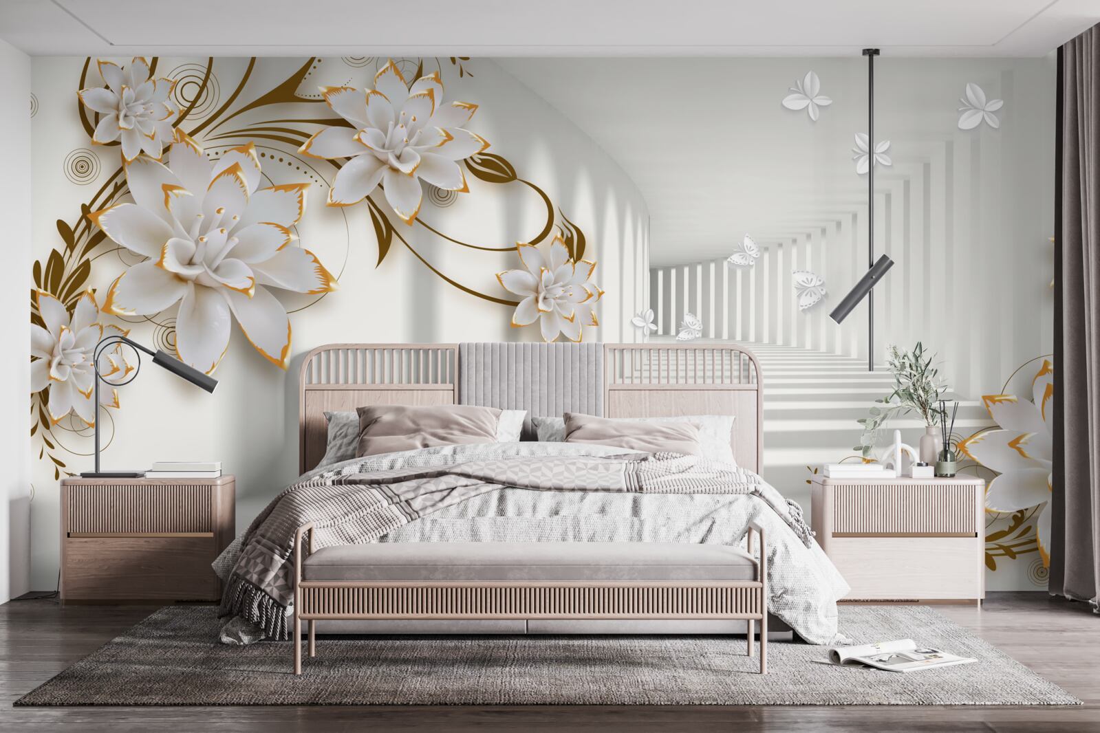 Carta da parati loti bianchi su sfondo astratto, decorati in oro