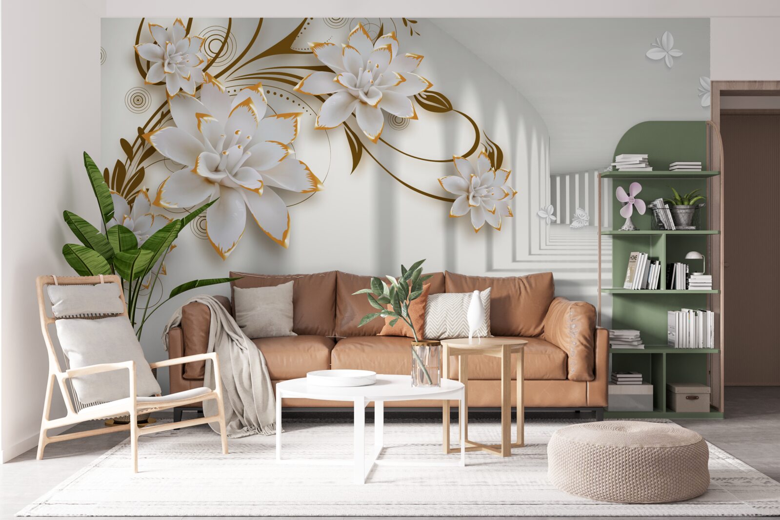 Carta da parati loti bianchi su sfondo astratto, decorati in oro