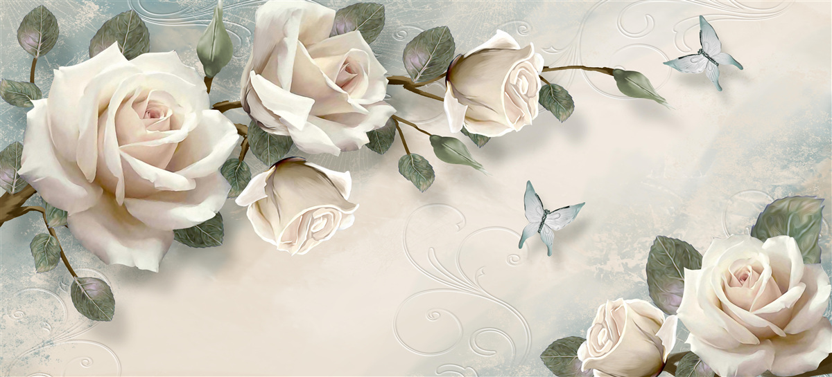Carta da parati farfalle che volano tra i rami di una rosa color crema