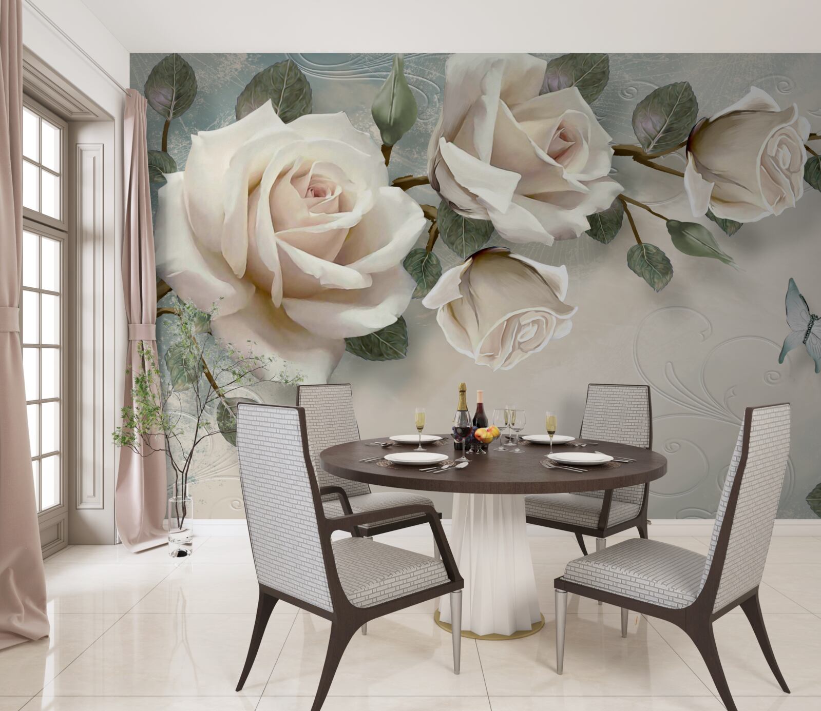 Carta da parati farfalle che volano tra i rami di una rosa color crema