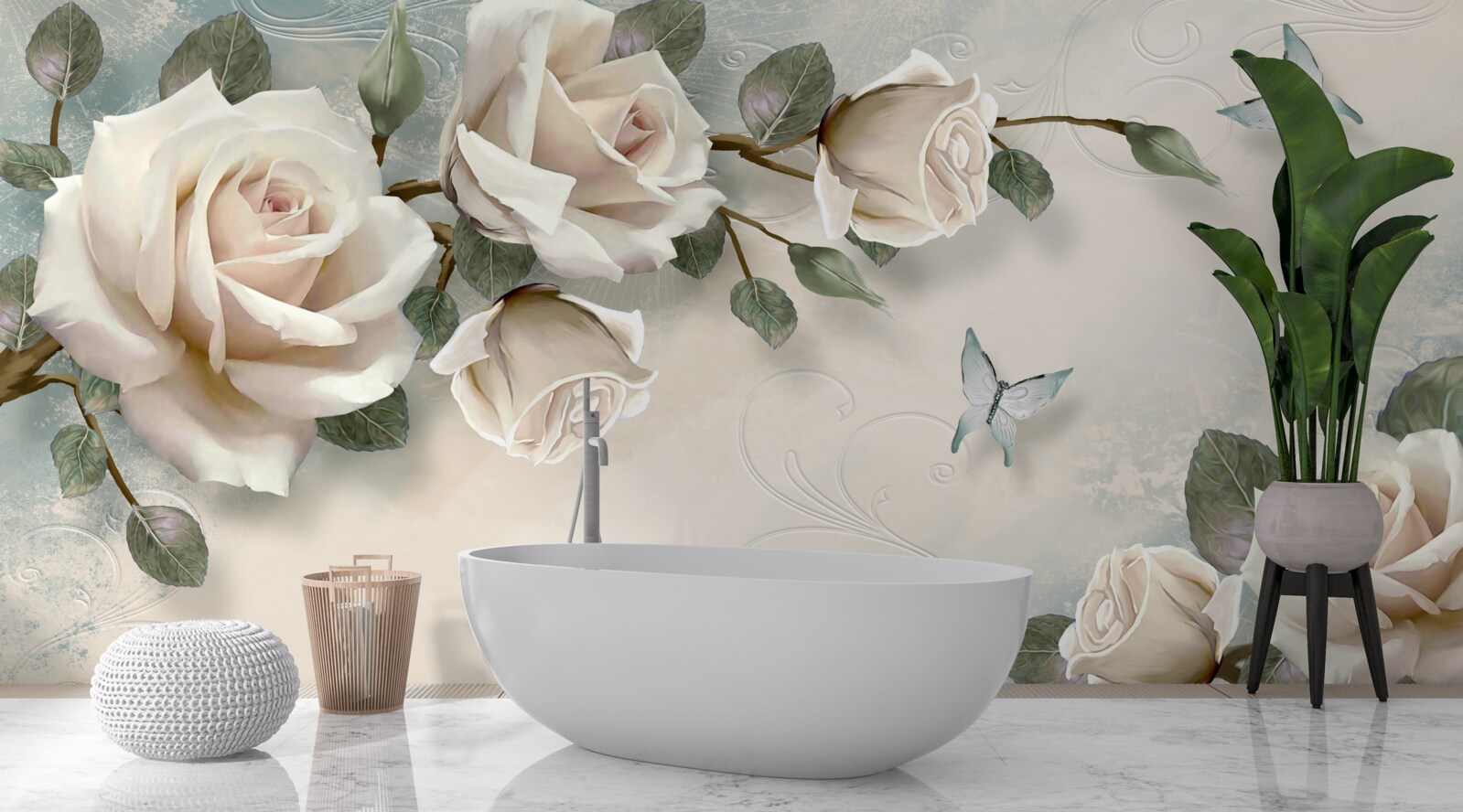 Carta da parati farfalle che volano tra i rami di una rosa color crema