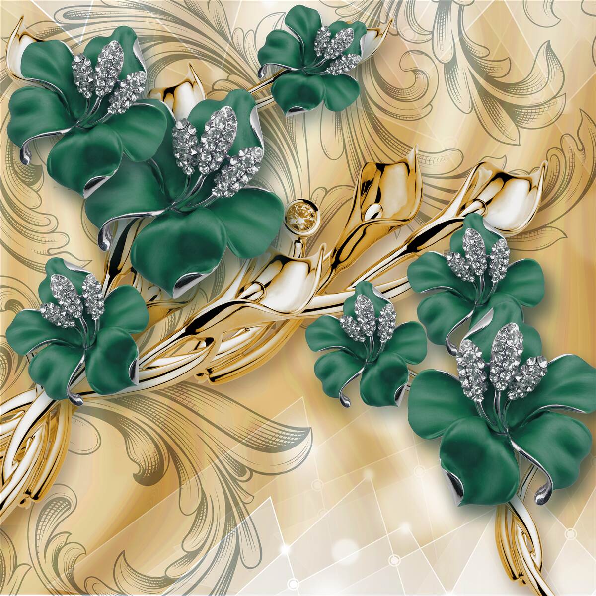 Carta da parati I fiori di smeraldo brillano in una cornice d'oro