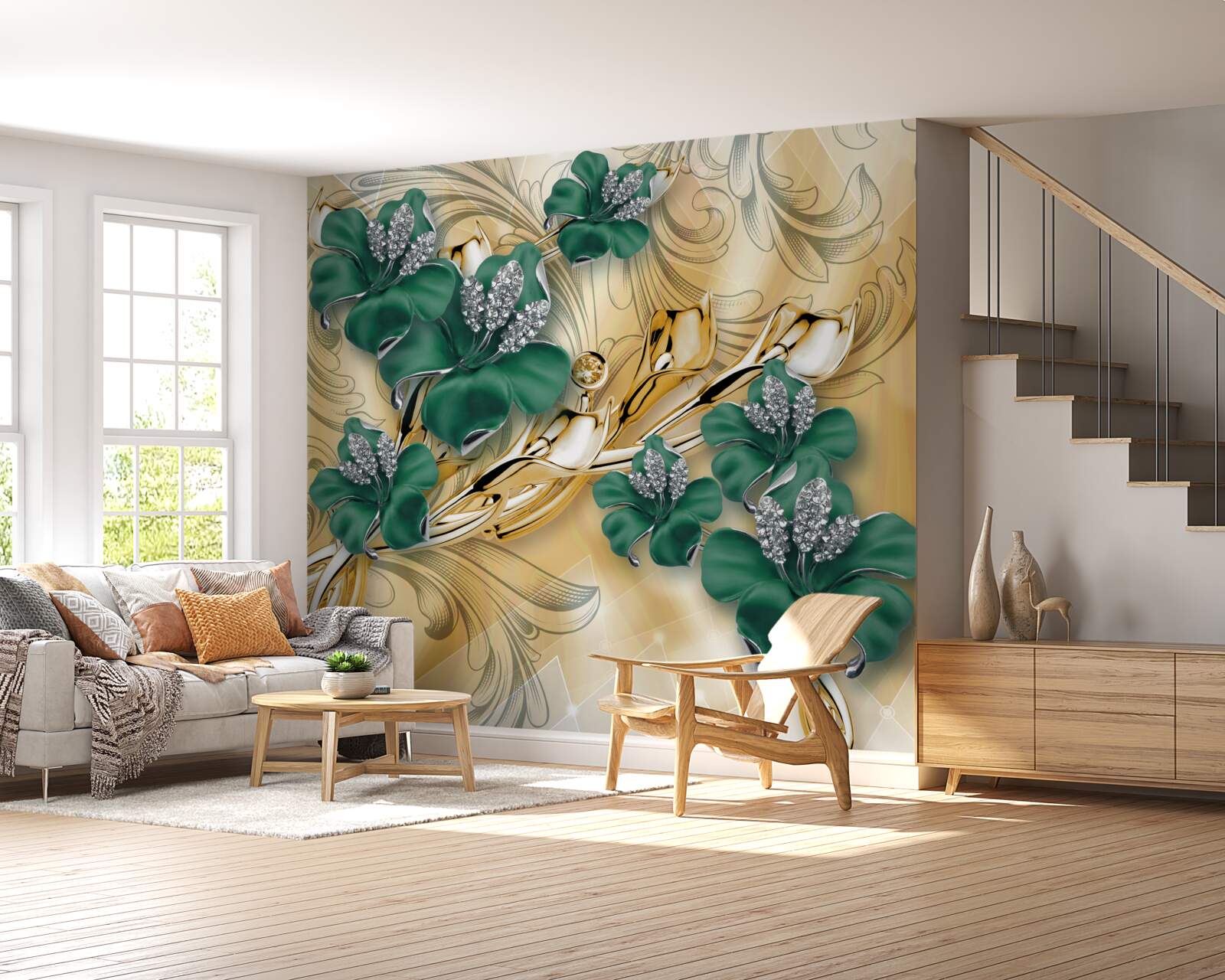 Carta da parati I fiori di smeraldo brillano in una cornice d'oro