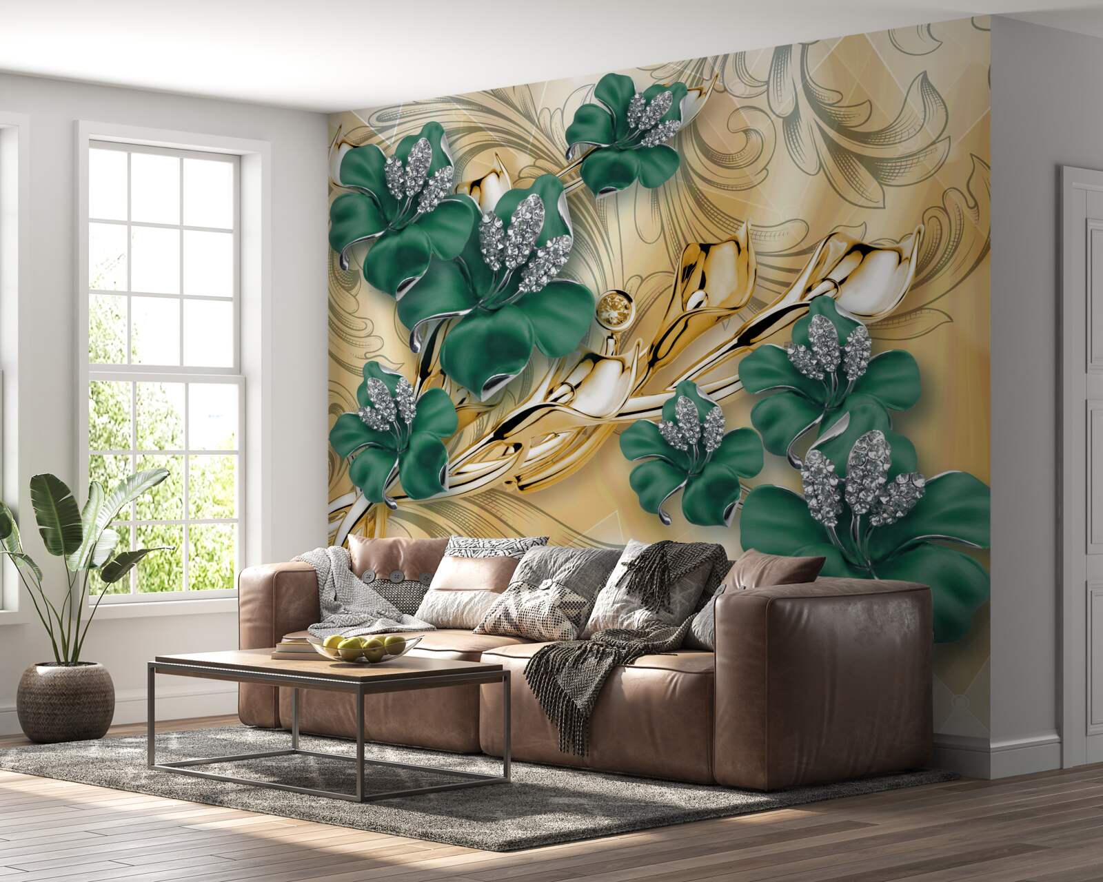 Carta da parati I fiori di smeraldo brillano in una cornice d'oro