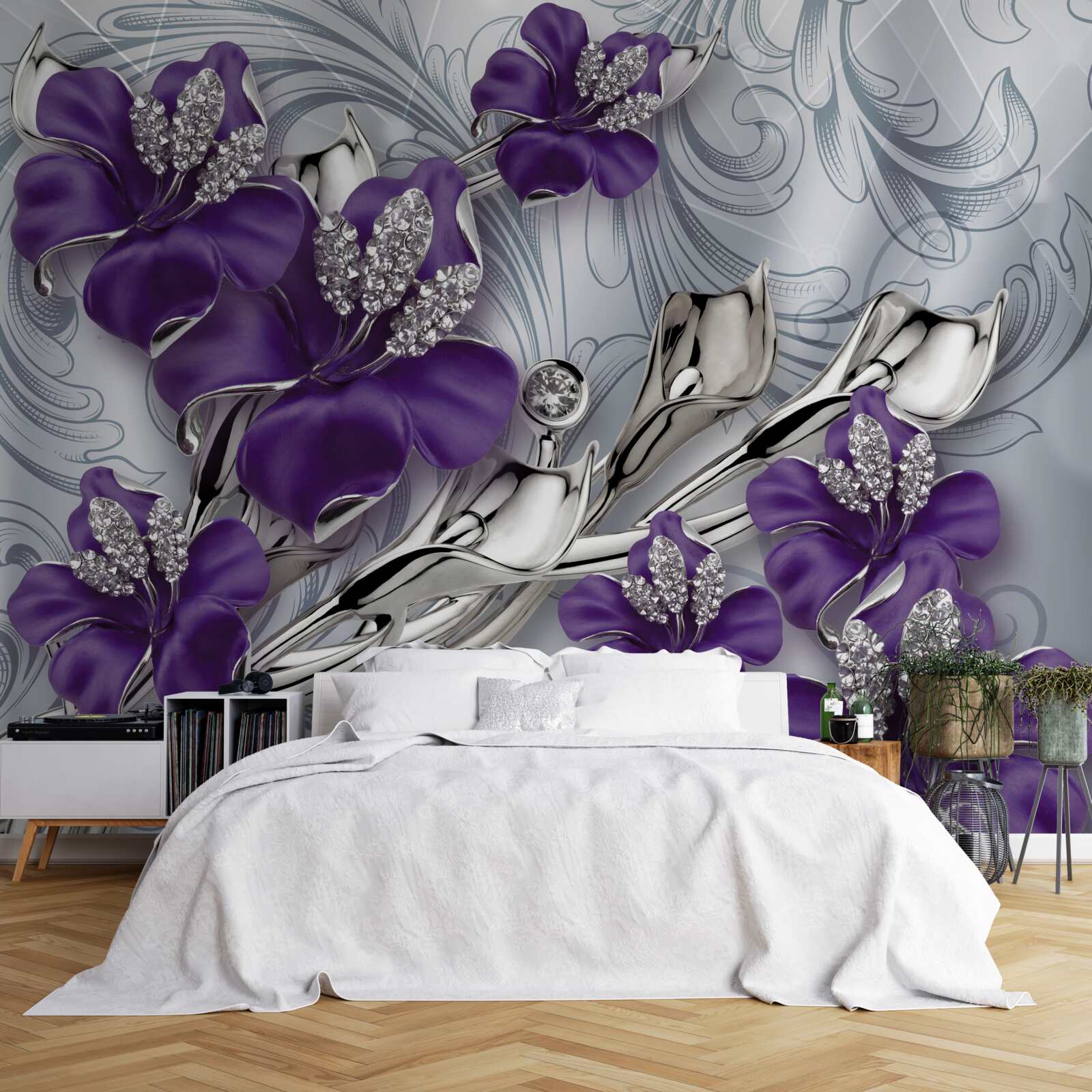 Carta da parati la magnolia è viola tra pietre e oro