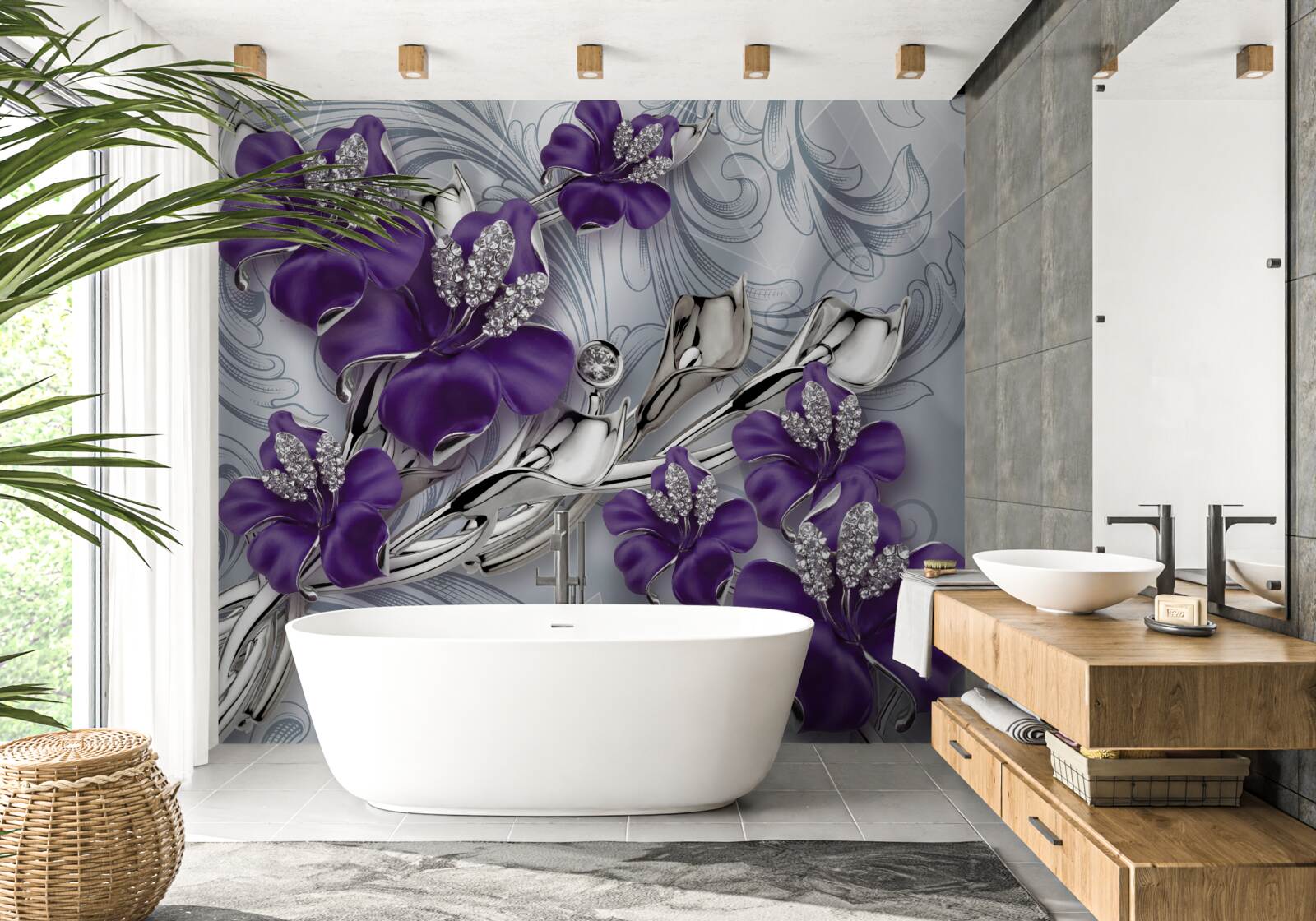 Carta da parati la magnolia è viola tra pietre e oro