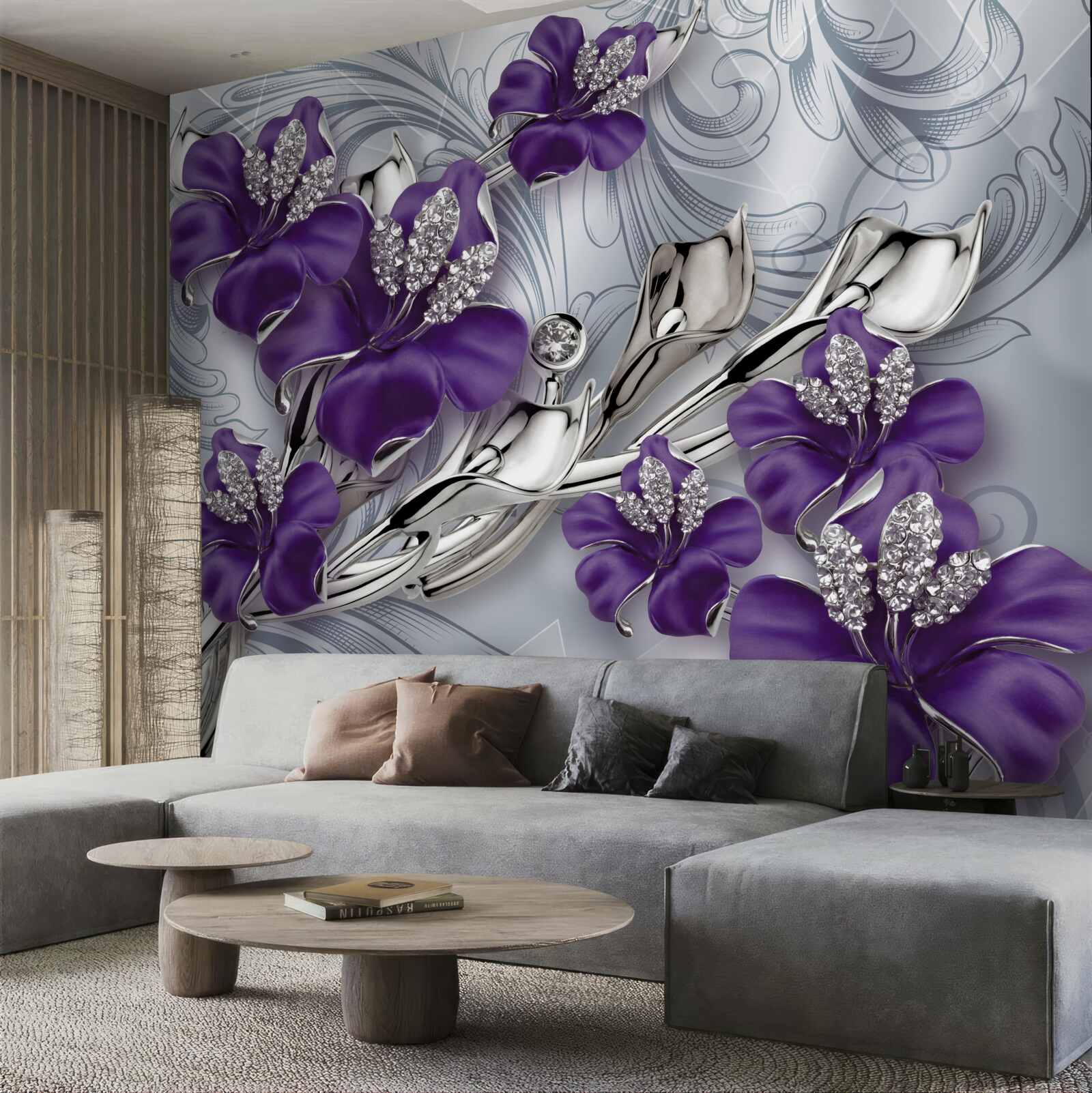 Carta da parati la magnolia è viola tra pietre e oro