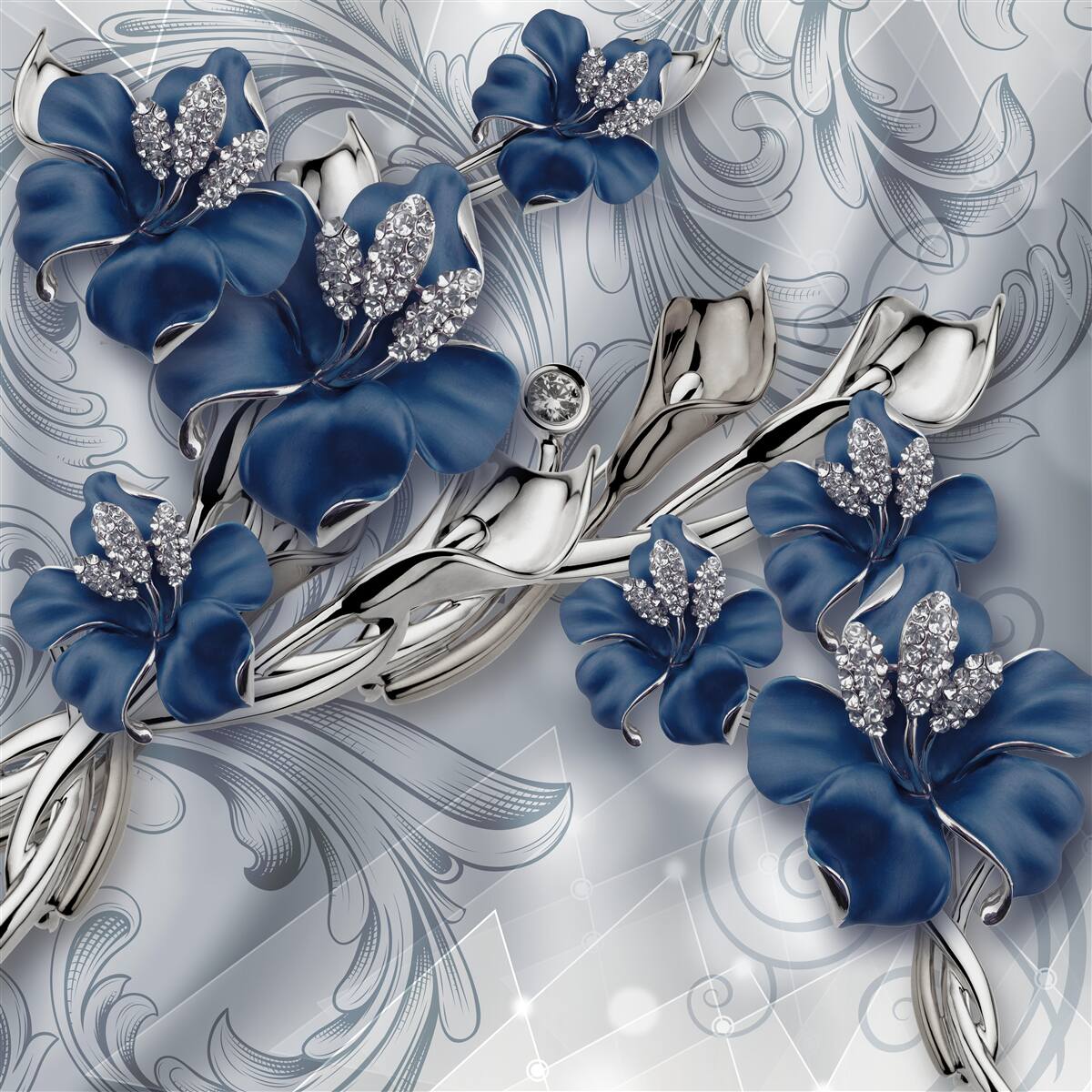 Carta da parati fiori blu con rami dorati ed elementi in pietra