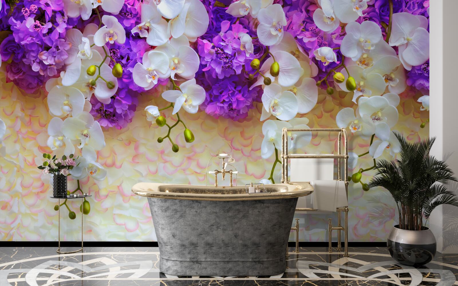 Carta da parati Orchidee bianche come la neve e fiori lilla