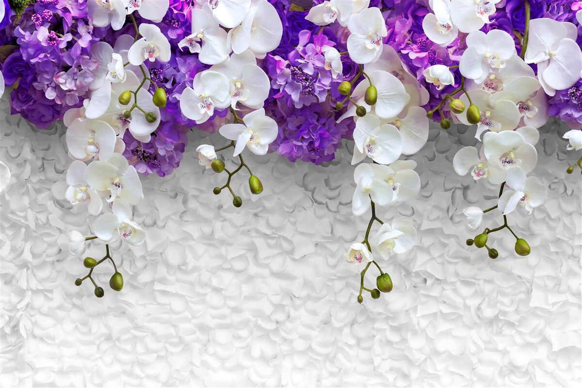 Carta da parati barriera di piante viola e orchidea bianca