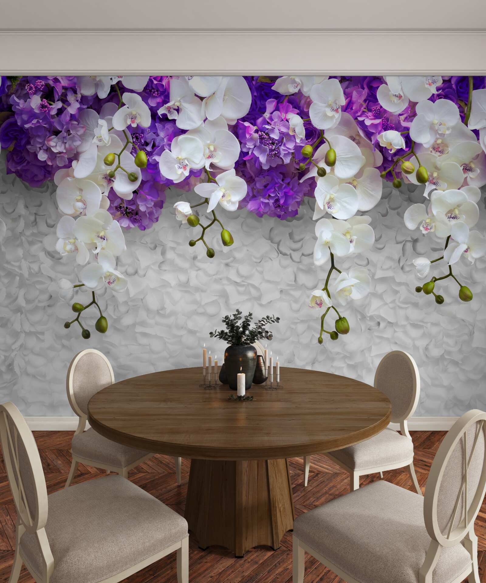 Carta da parati barriera di piante viola e orchidea bianca