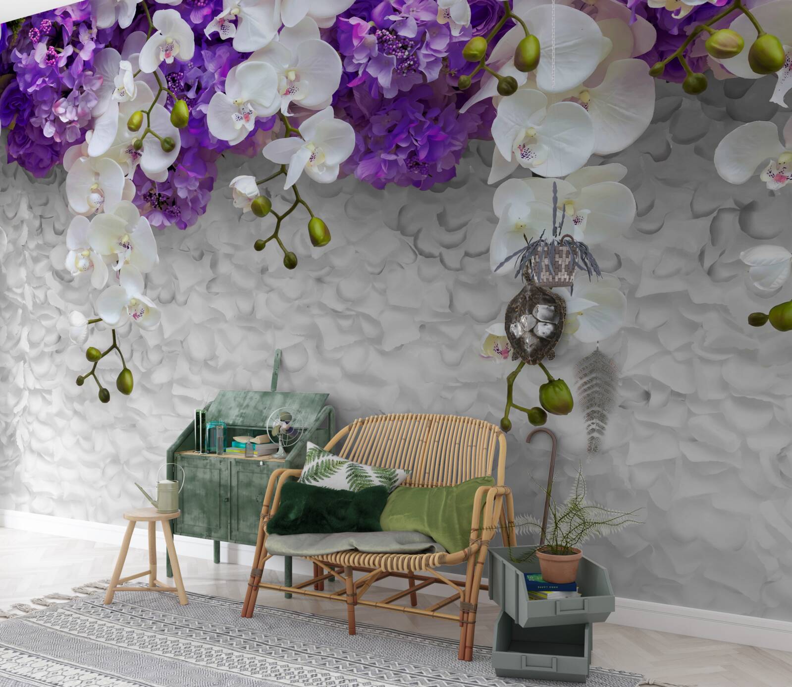 Carta da parati barriera di piante viola e orchidea bianca