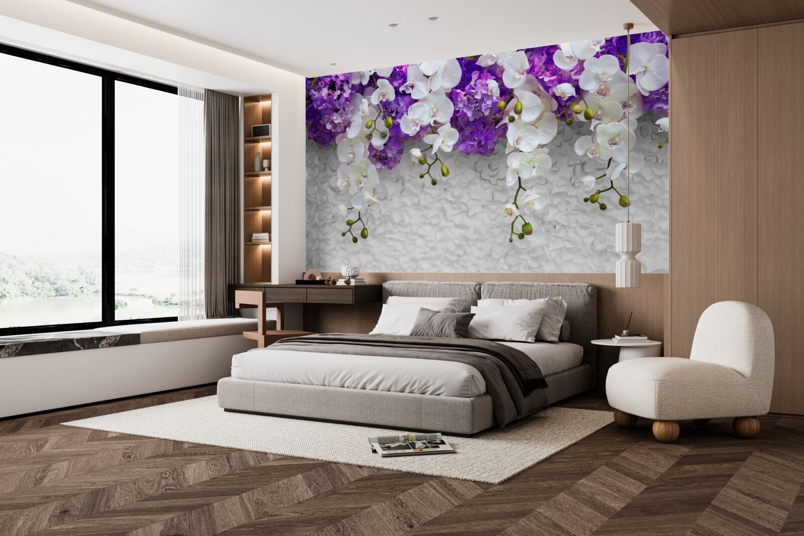 Carta da parati barriera di piante viola e orchidea bianca
