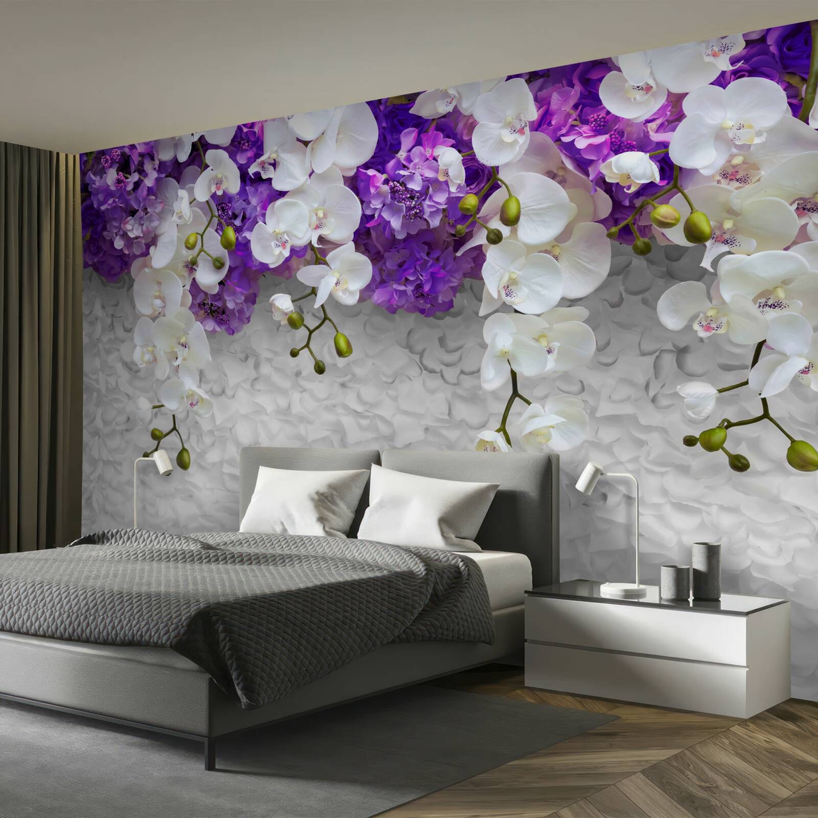 Carta da parati barriera di piante viola e orchidea bianca