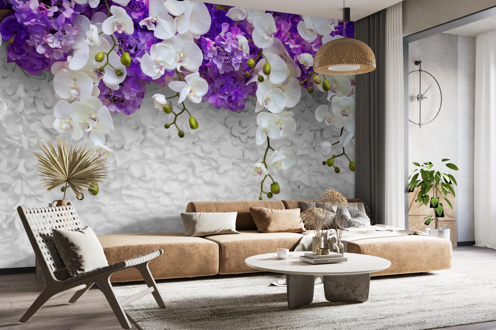 Carta da parati barriera di piante viola e orchidea bianca
