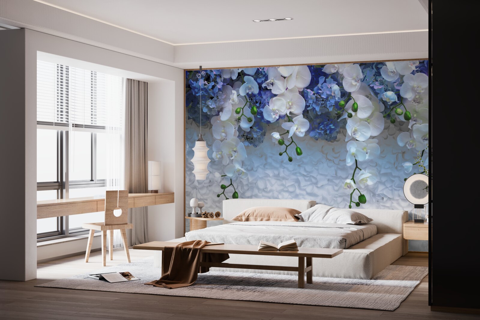 Carta da parati fiori blu e bianchi che cadono