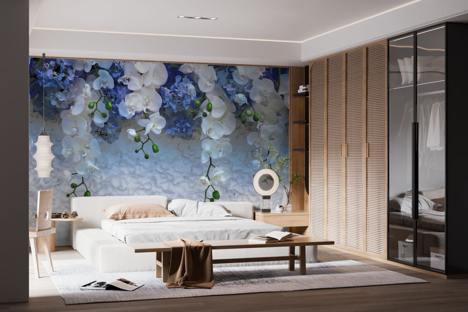 Carta da parati fiori blu e bianchi che cadono