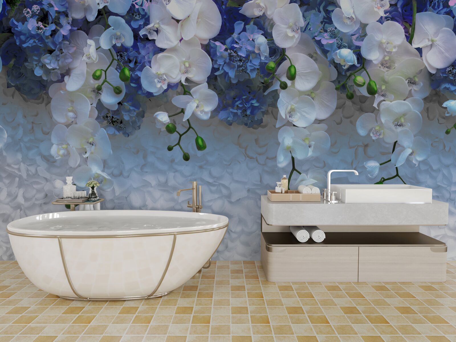 Carta da parati fiori blu e bianchi che cadono