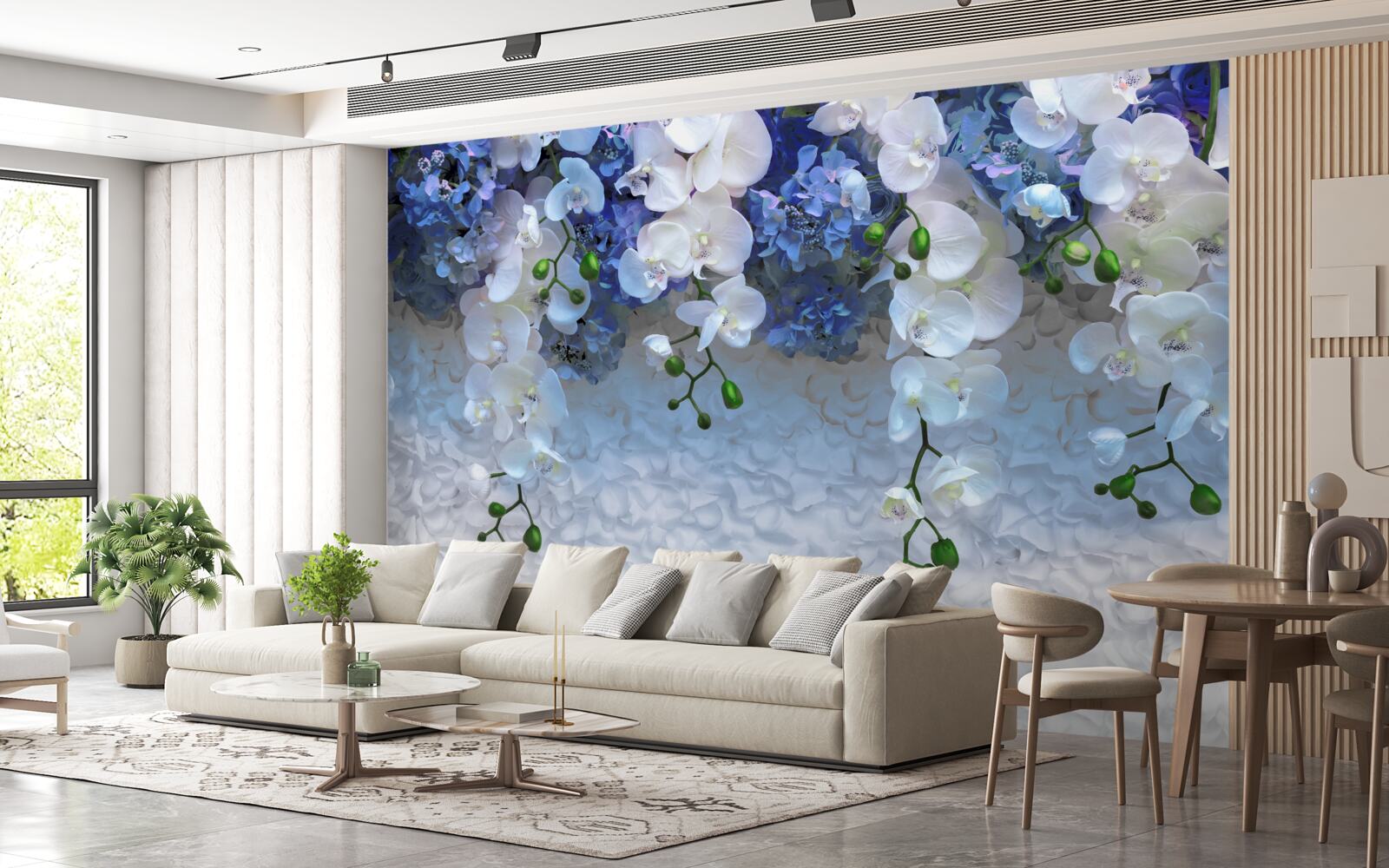 Carta da parati fiori blu e bianchi che cadono