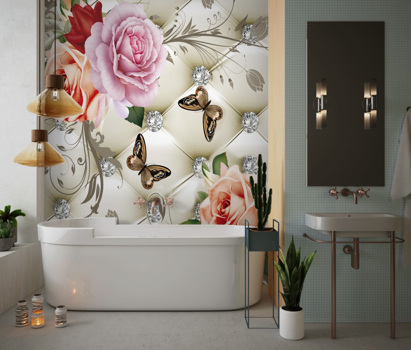 Carta da parati Sfondo astratto decorato con perle, fiori e rose