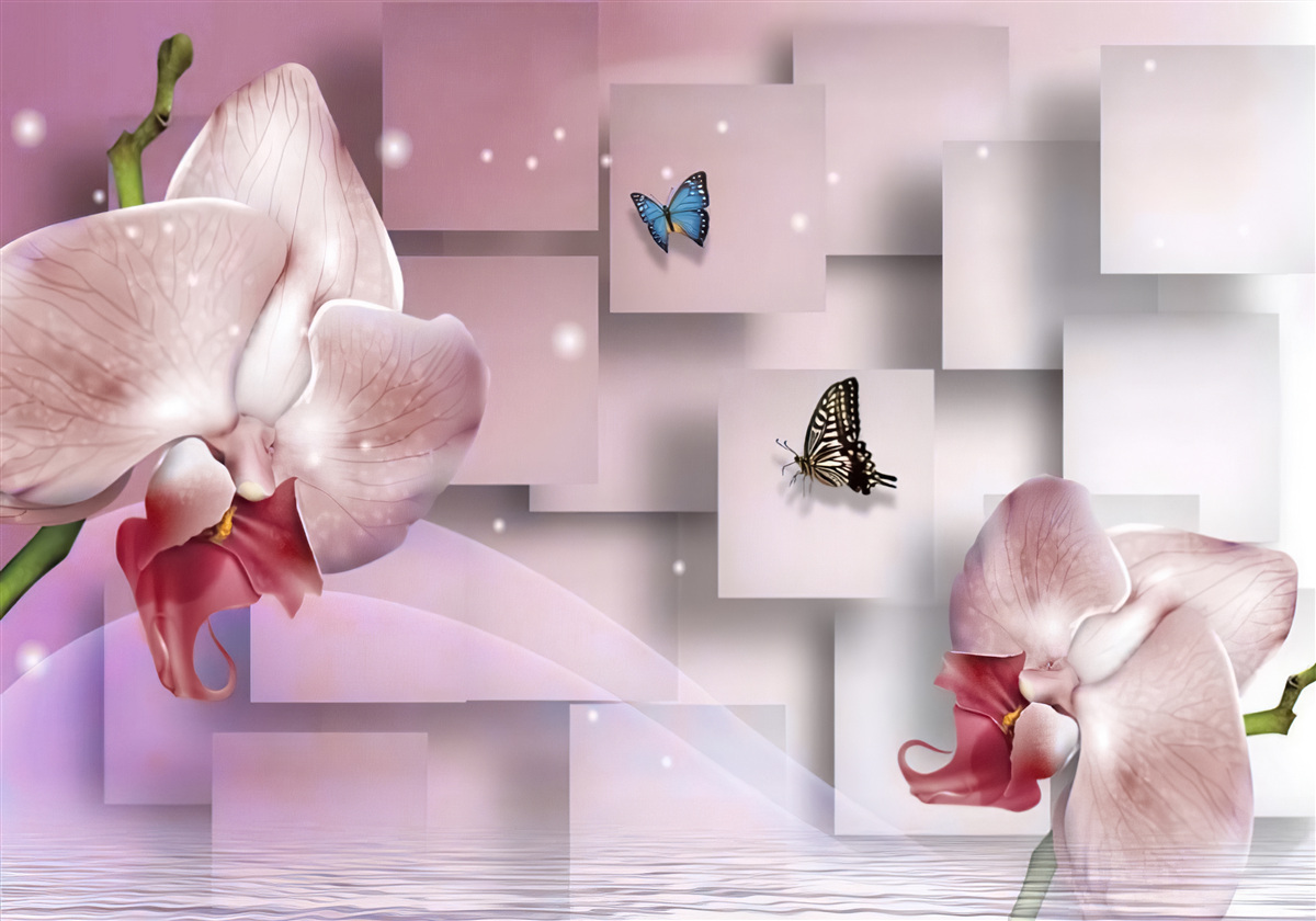 Carta da parati farfalle e orchidee dai colori vivaci