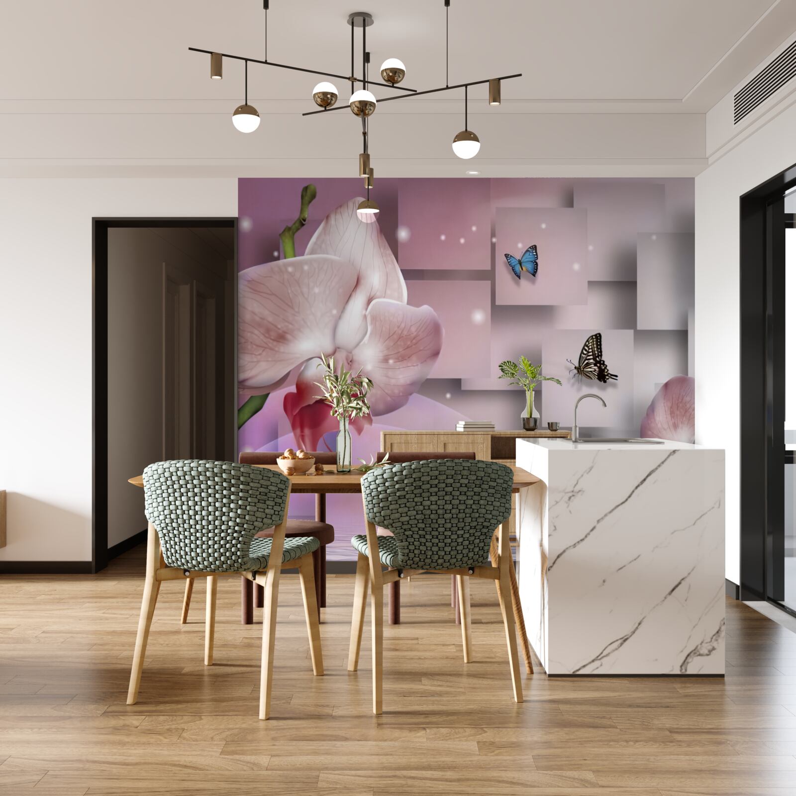 Carta da parati farfalle e orchidee dai colori vivaci