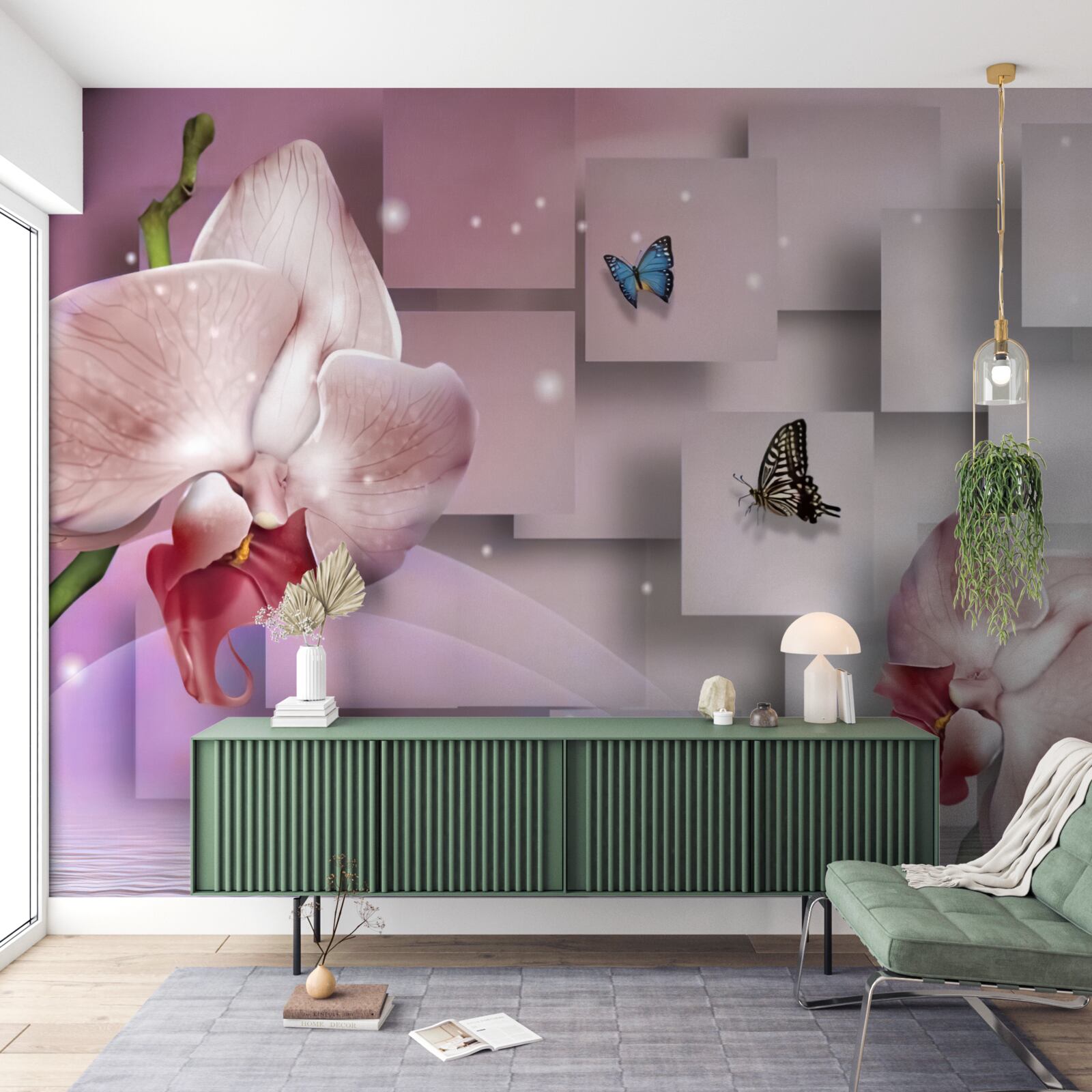 Carta da parati farfalle e orchidee dai colori vivaci