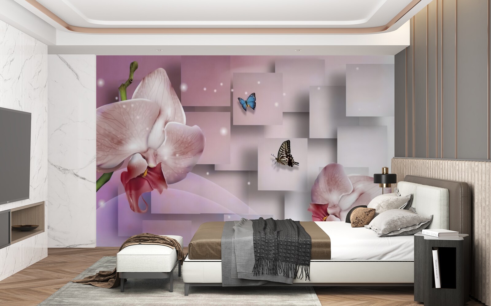 Carta da parati farfalle e orchidee dai colori vivaci