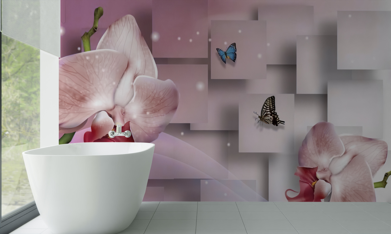Carta da parati farfalle e orchidee dai colori vivaci