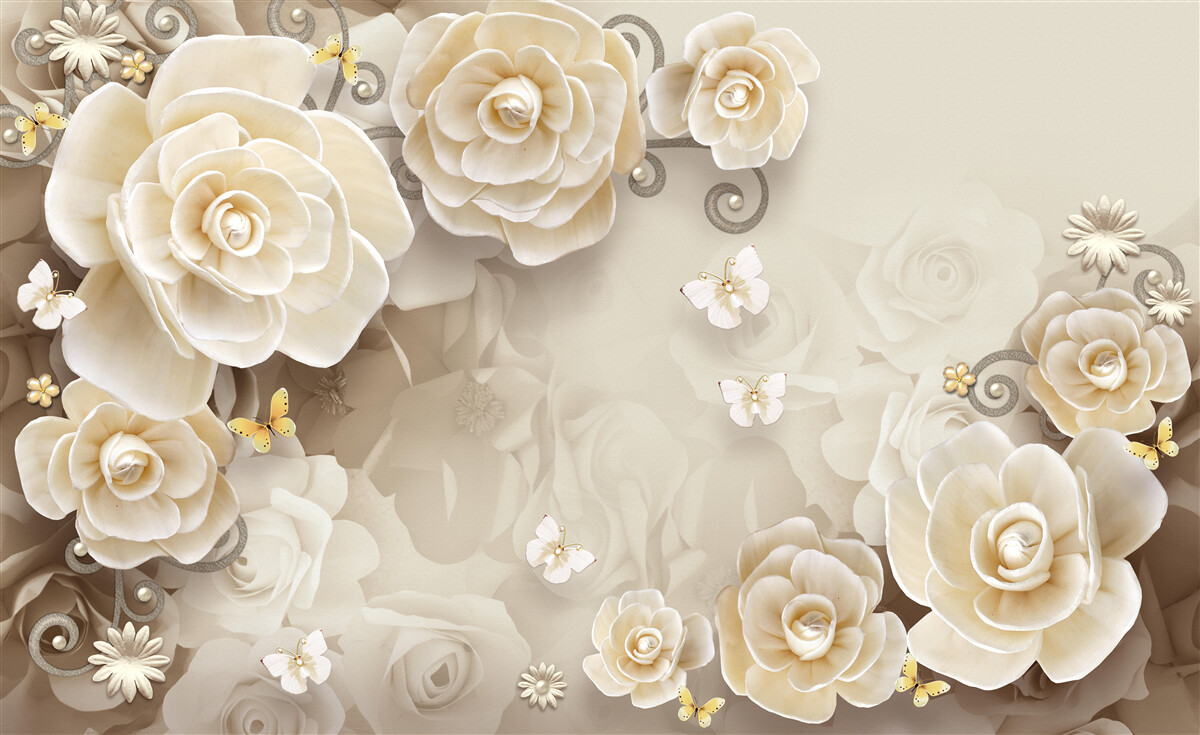 Carta da parati fiori con perle su una superficie luminosa