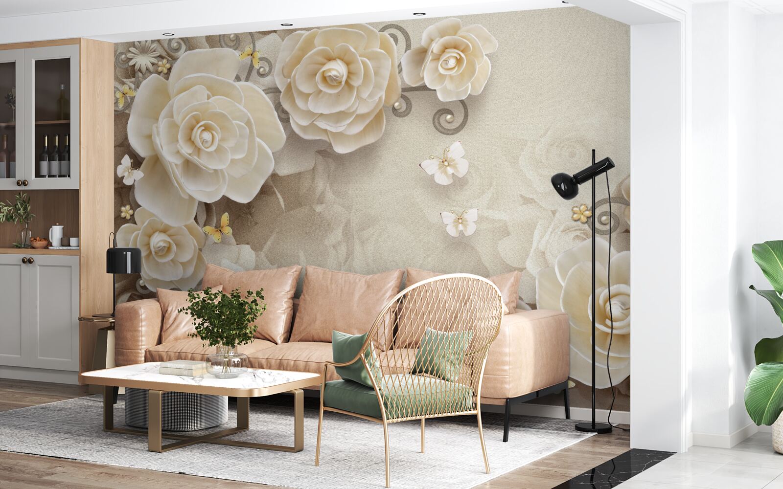Carta da parati fiori con perle su una superficie luminosa