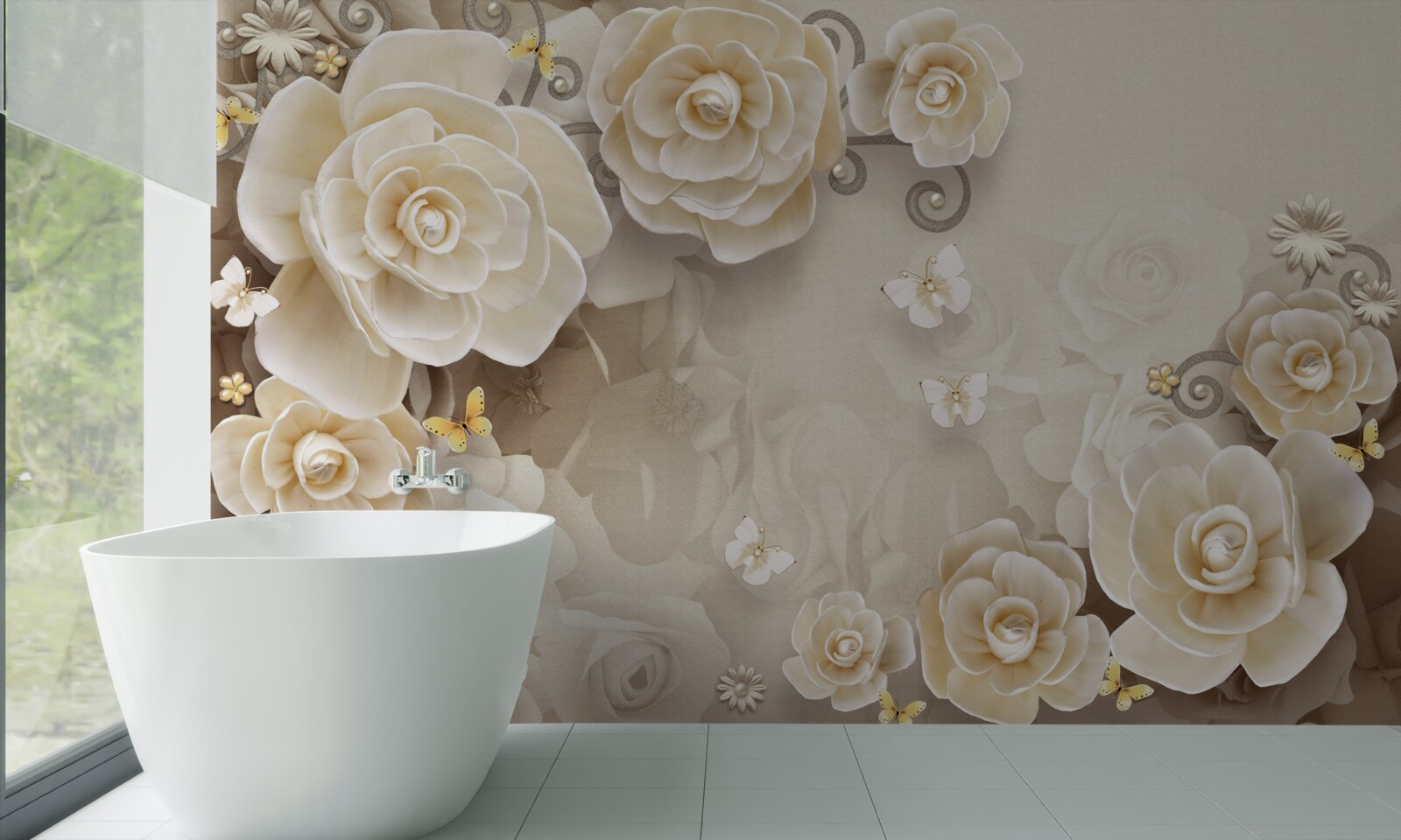 Carta da parati fiori con perle su una superficie luminosa