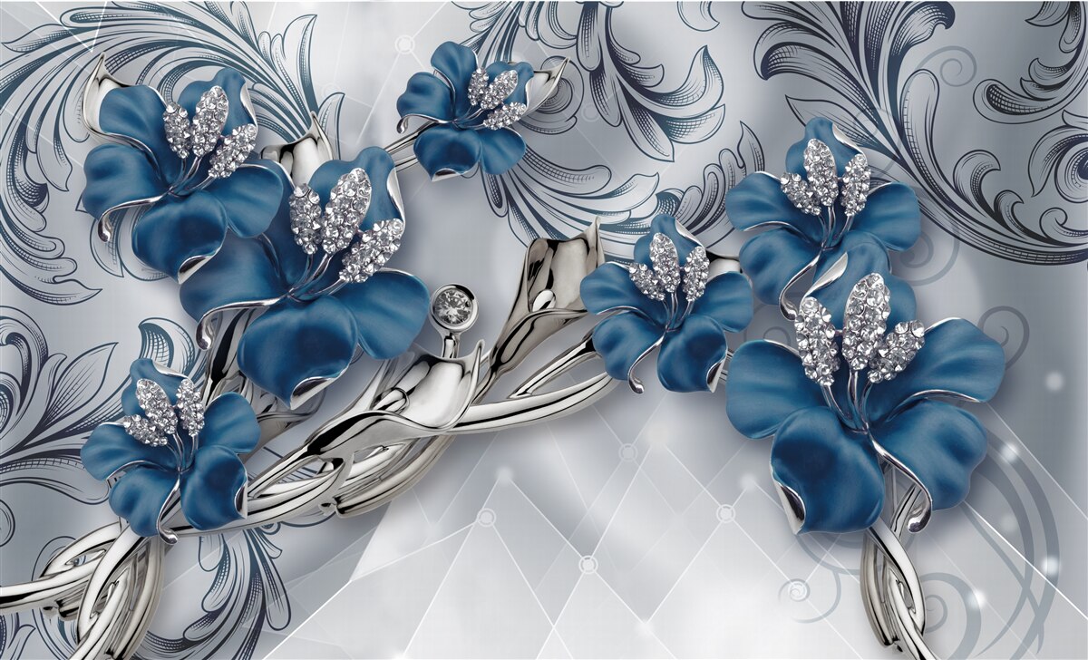 Carta da parati fiori blu-argento