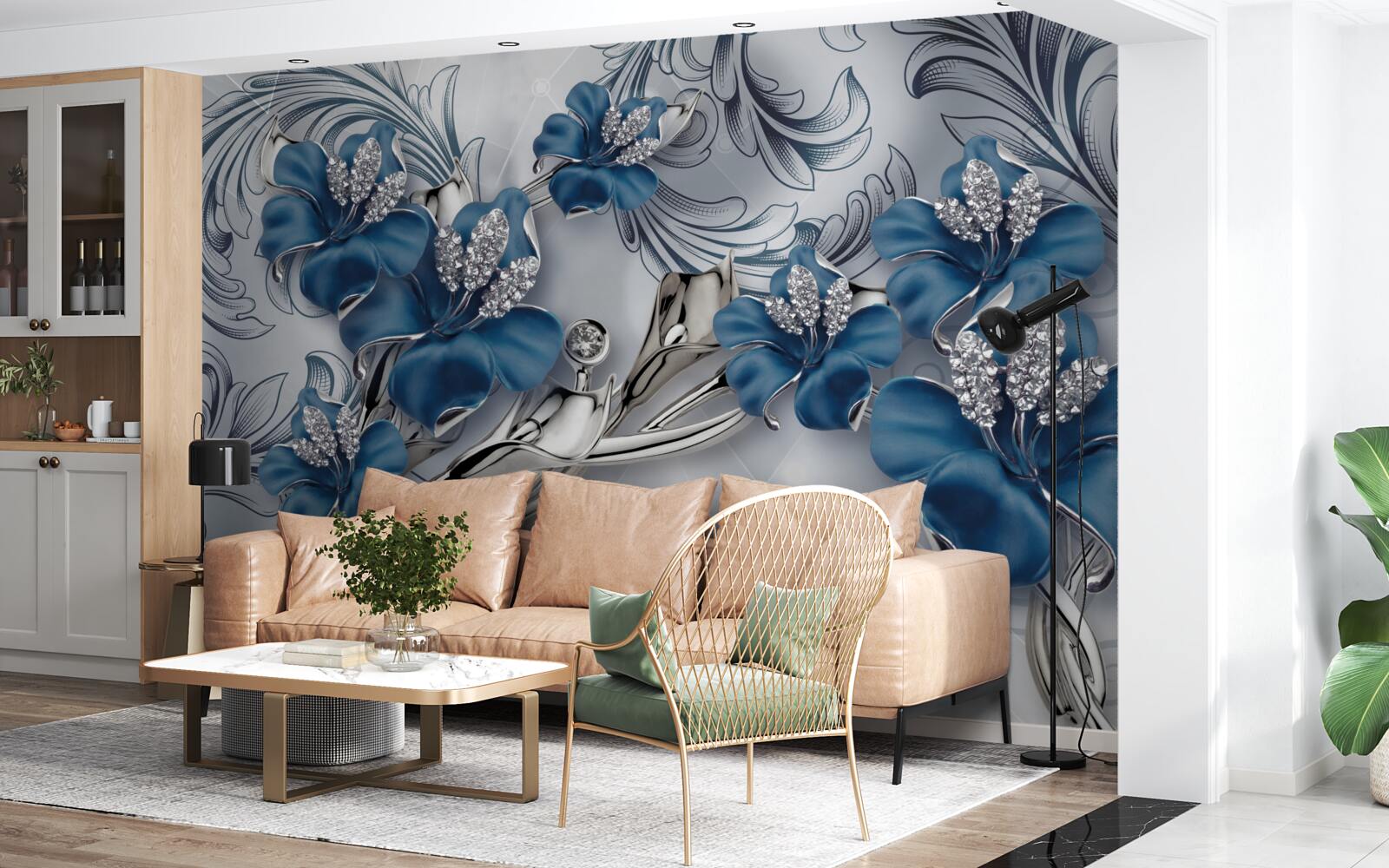 Carta da parati fiori blu-argento