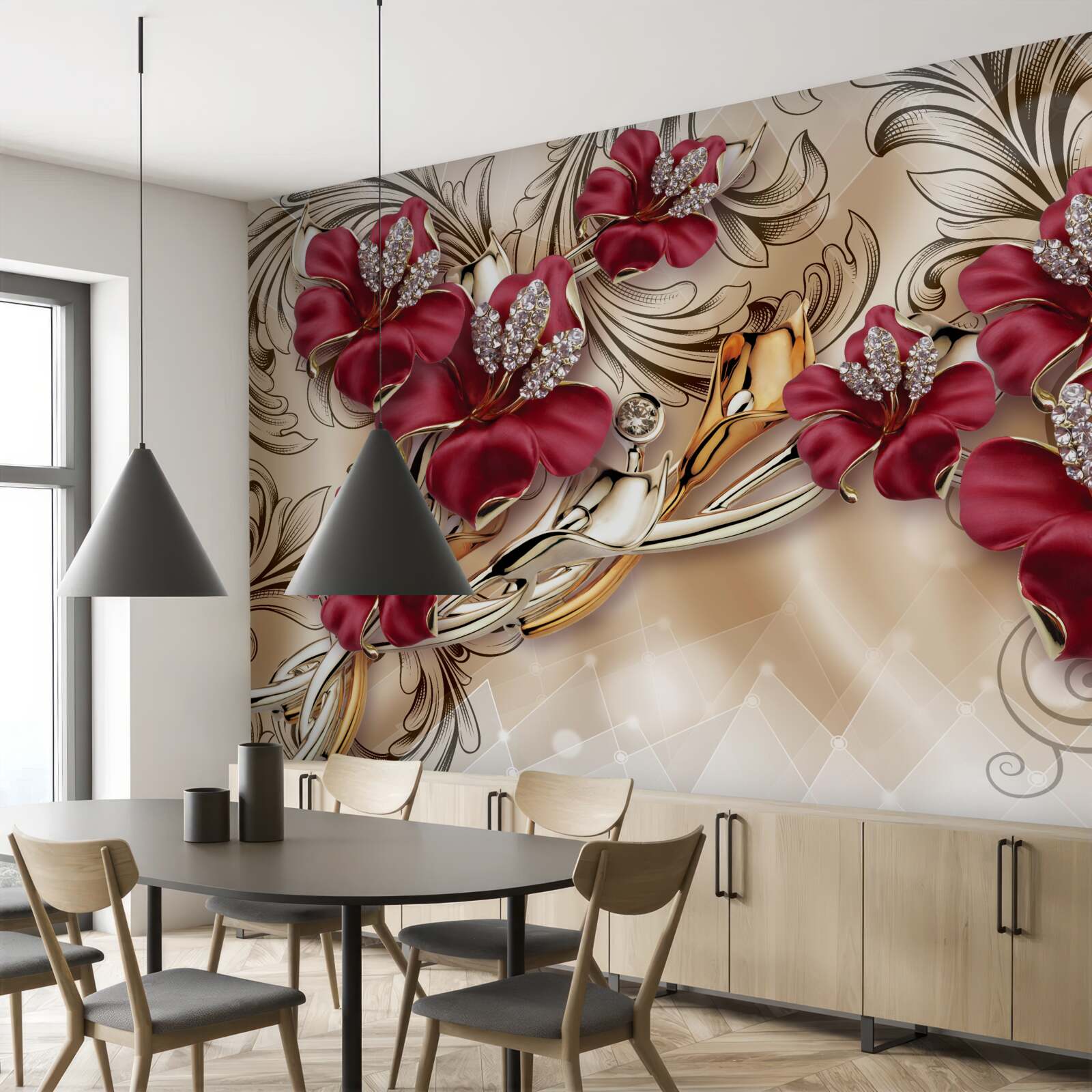 Carta da parati fiori rossi con elementi in oro e argento
