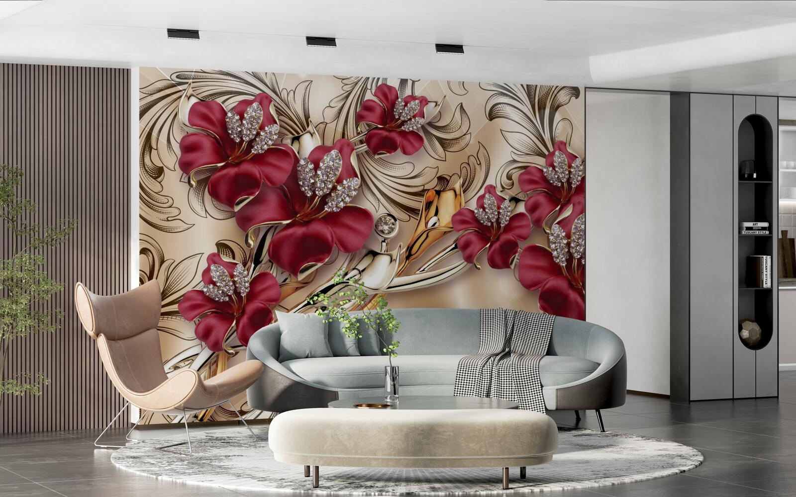 Carta da parati fiori rossi con elementi in oro e argento