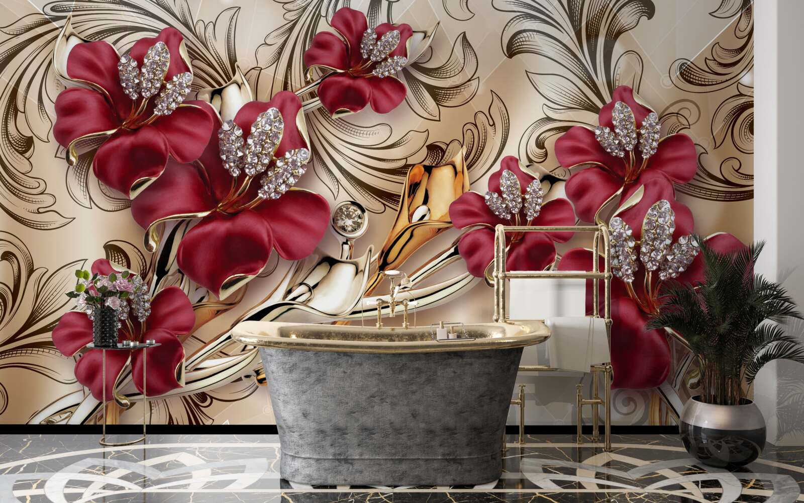 Carta da parati fiori rossi con elementi in oro e argento