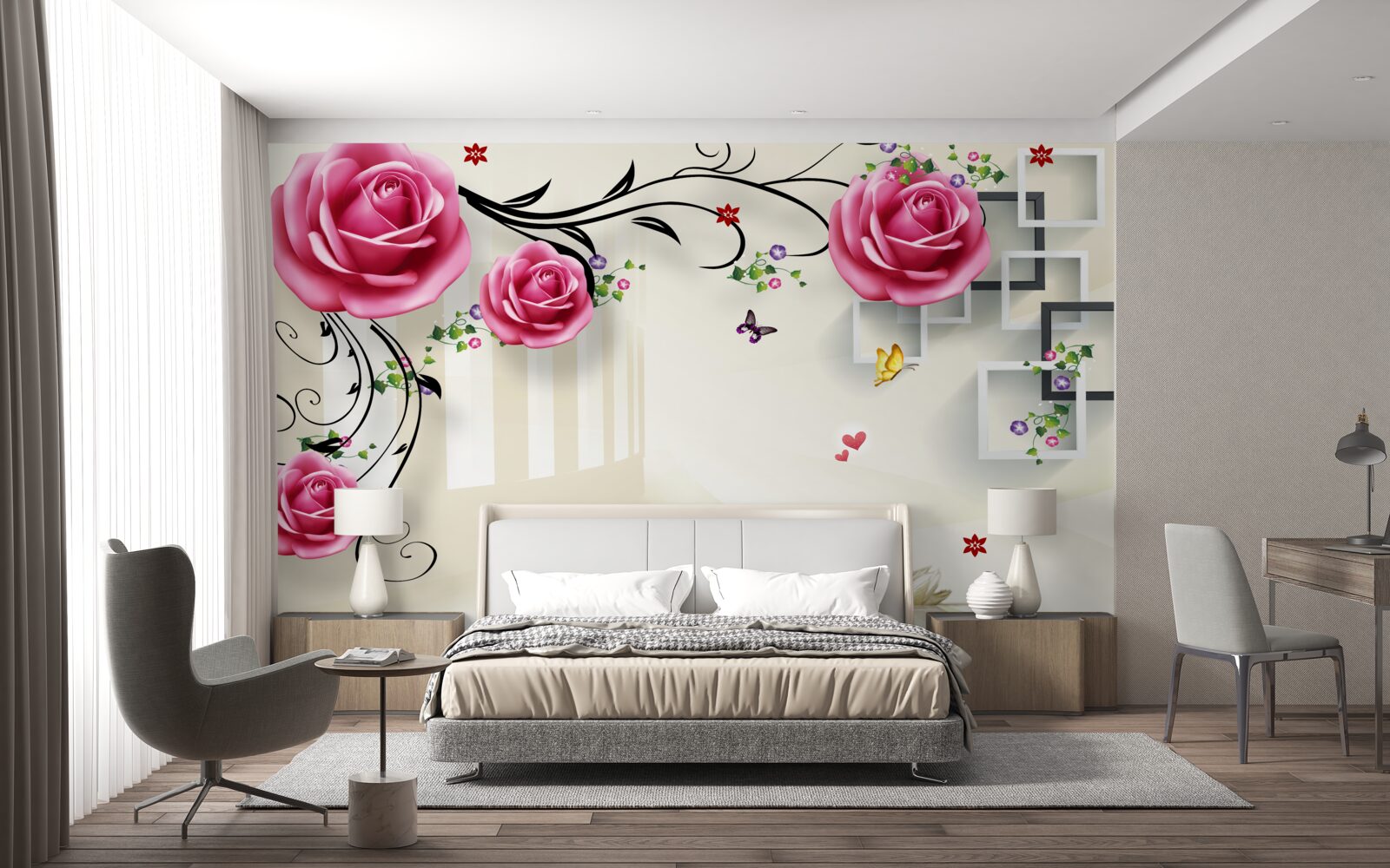 Carta da parati rami d'argento con rose rosa