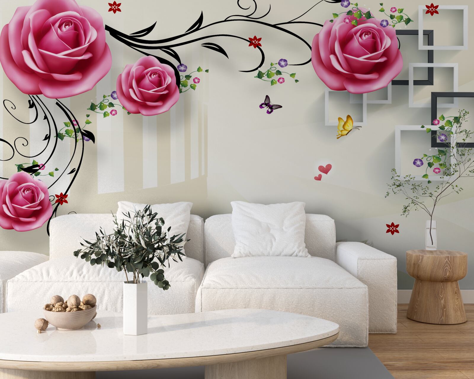 Carta da parati rami d'argento con rose rosa